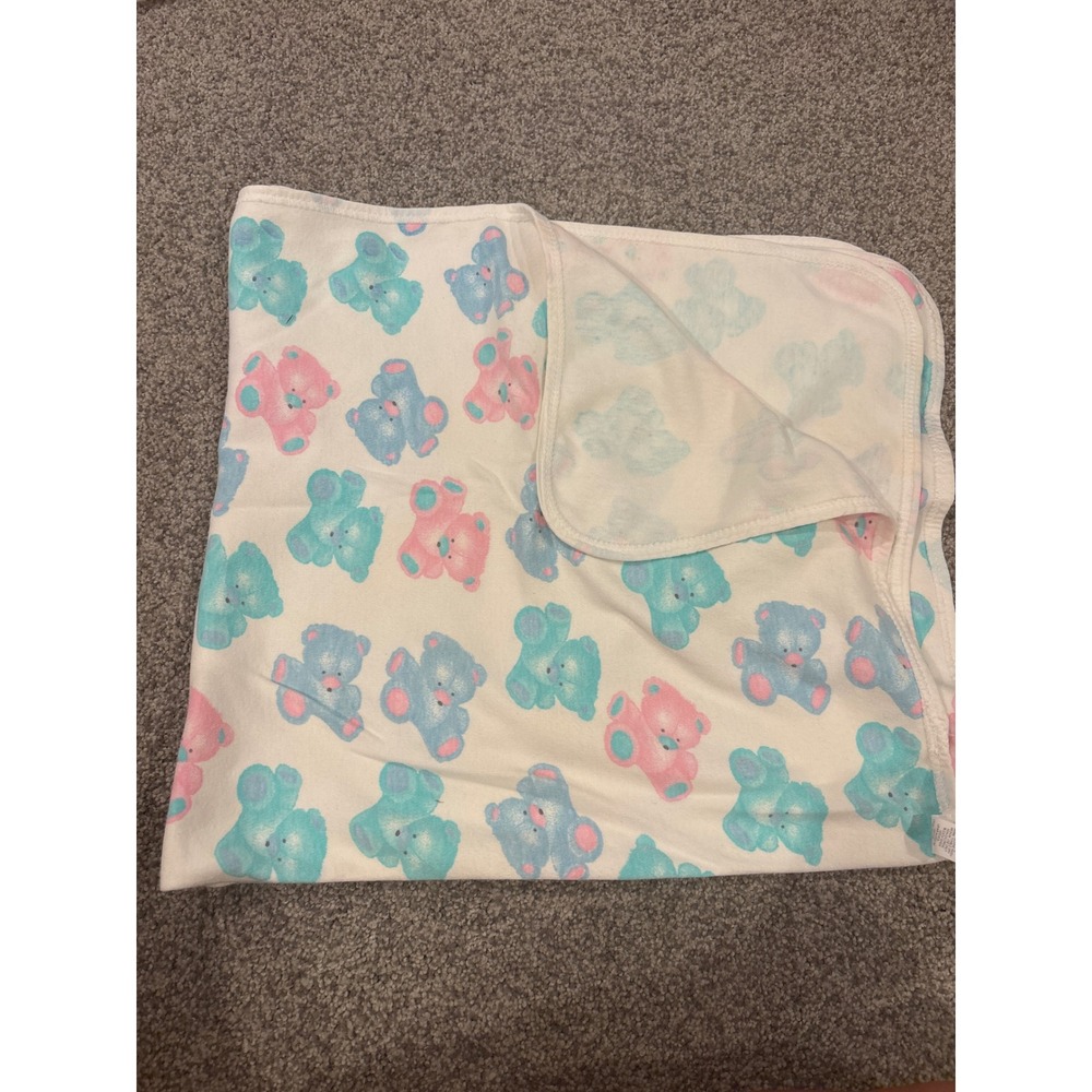 Carters White Blue Green Pink Teddy Bear Baby Blanket Cotton Pastel Vintage 90's